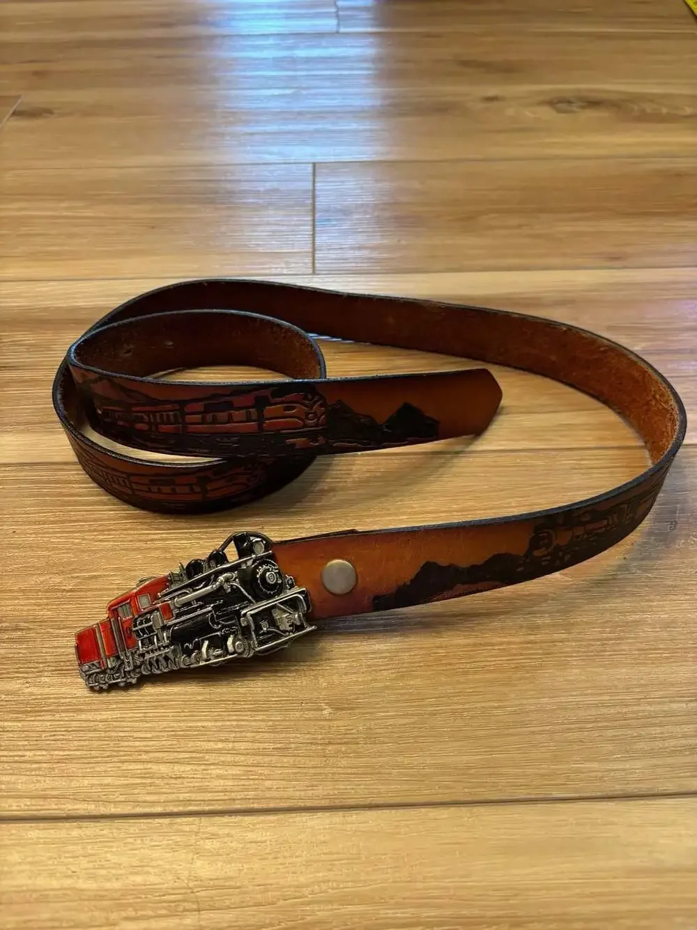 Vintage 1983 Train Locomotive Western Leather Belt with 3D Enamel Buckle